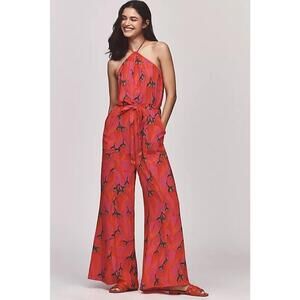 Farm Rio Halter Neck Flowy Wide Leg One Piece Jumpsuit Women's Size S Red